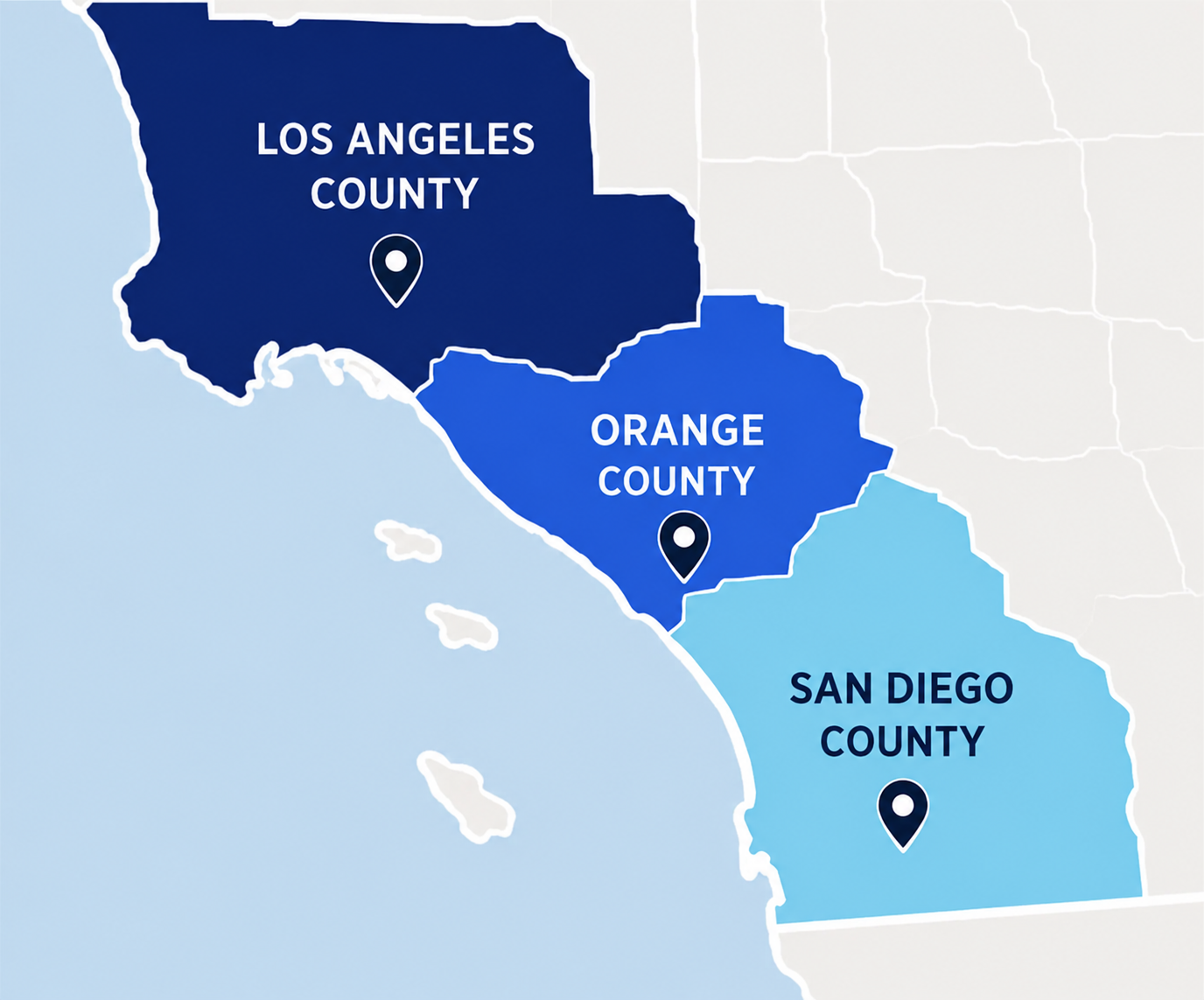 Service map for Los Angeles, Orange, and San Diego counties