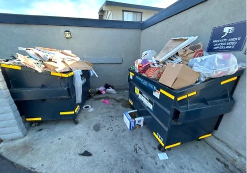 Cardboard extending above the dumpsters and loose trash on the ground at Saddleback Ranch Apts before service