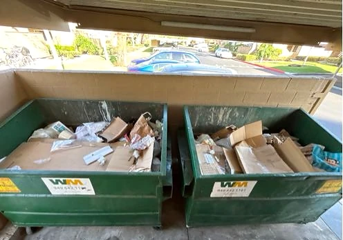 Cardboard and bags contained within green collection bins at Woodbridge Apts after service