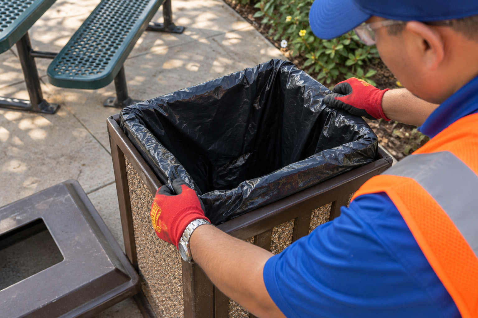 Illustrative overhead close-up of gloved hands fitting a fresh liner into an emptied trash can