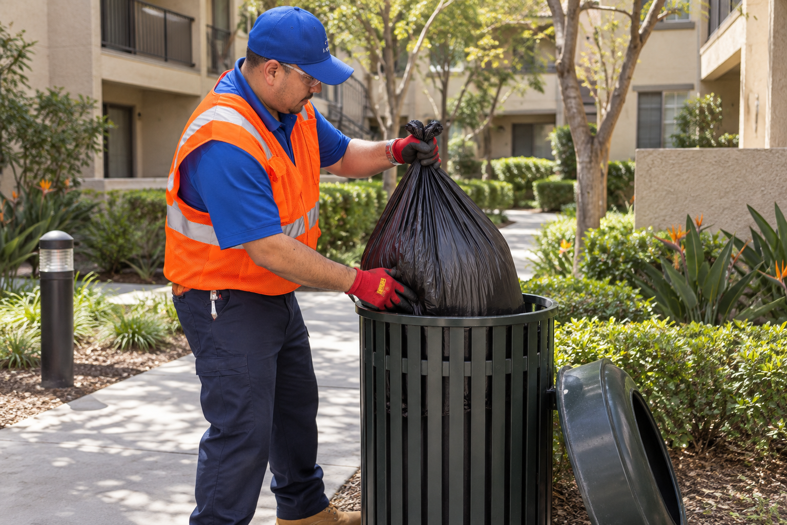 Illustrative service photo of a technician lifting a trash bag from a courtyard trash can