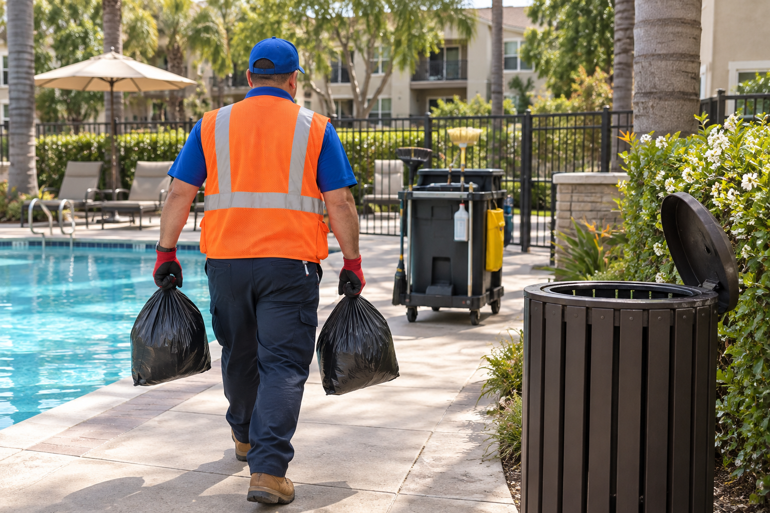 Illustrative rear view of a technician carrying removed trash bags to a poolside service cart