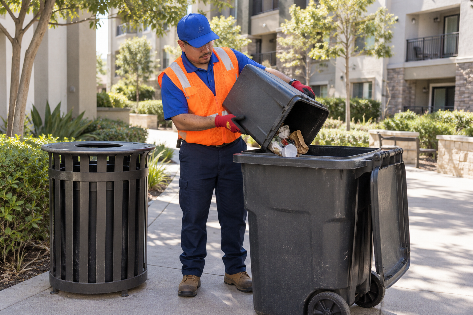 Illustrative front view of a technician tipping a trash can bucket into a collection cart