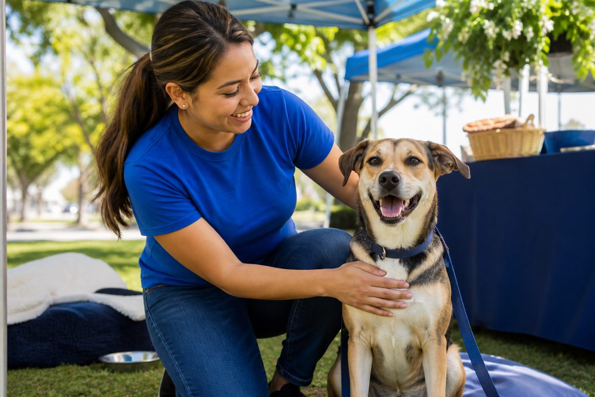 An animal welfare volunteer caring for a rescued dog at a community event