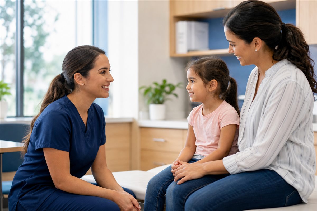 A healthcare professional supporting a child and parent at a community clinic