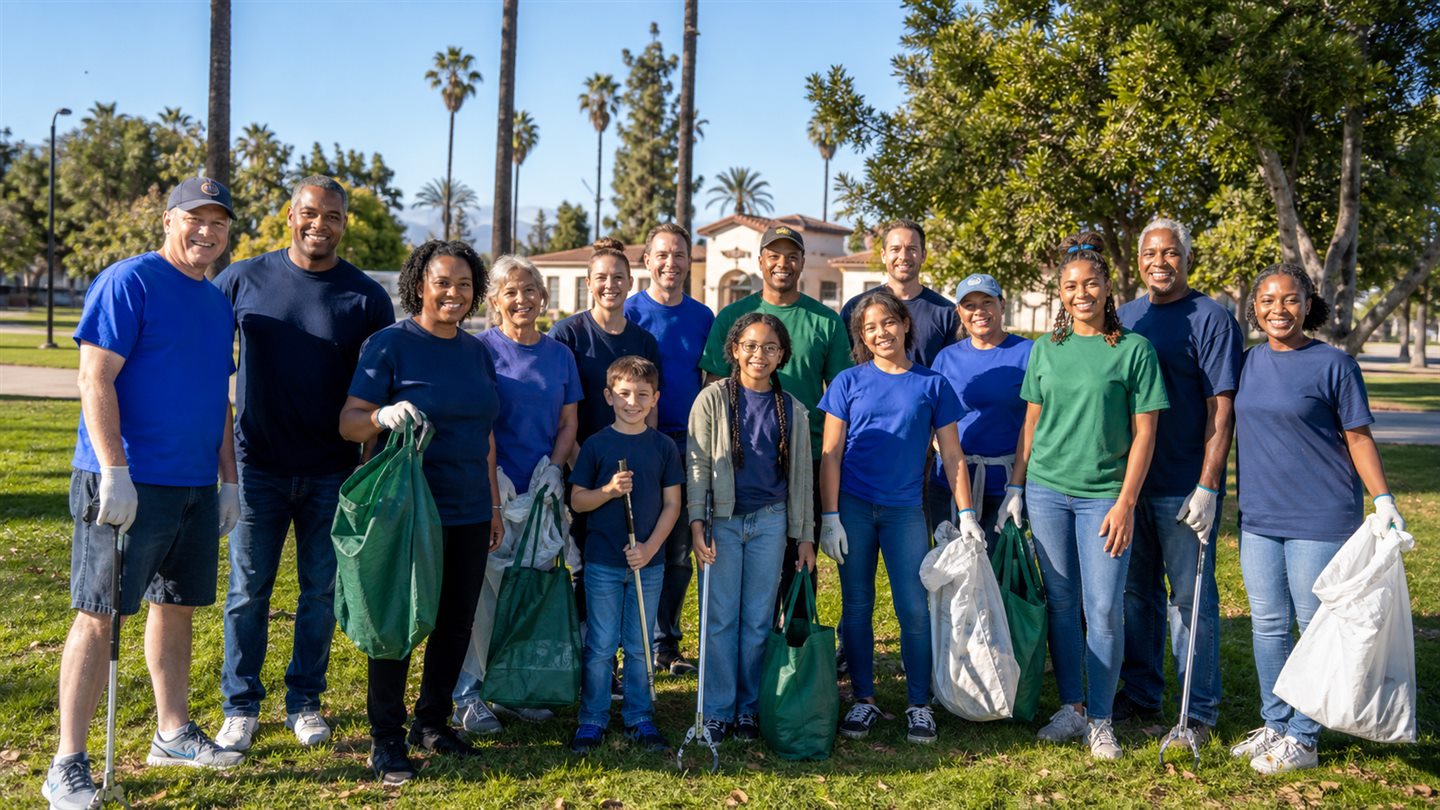 A diverse group of Southern California volunteers after a neighborhood cleanup